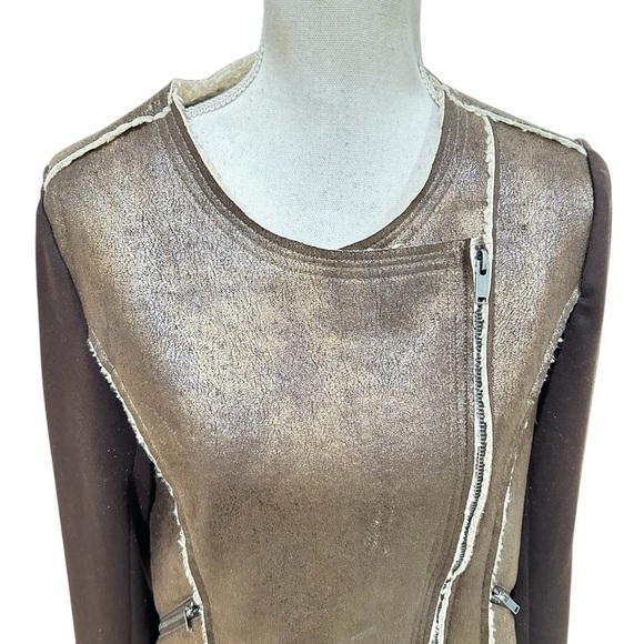 G by Giuliani metallic Brown Shearling zip up moto Jacket Ponte knit size large - Picture 7 of 13